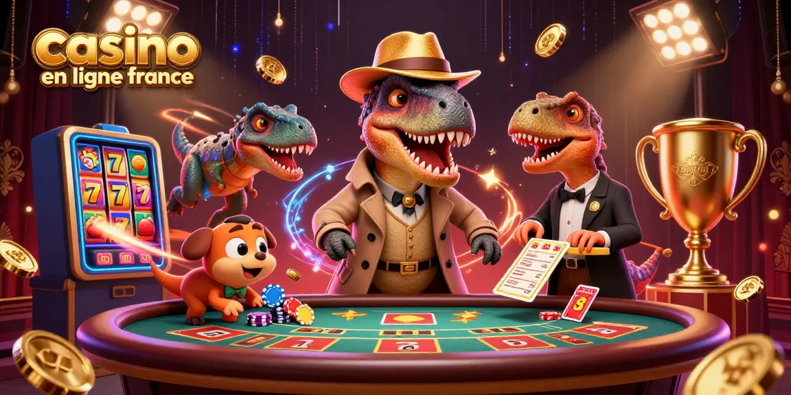 Un velociraptor en trench au blackjack dans un casino en ligne France, entouré de jackpots et de symboles de fruits.