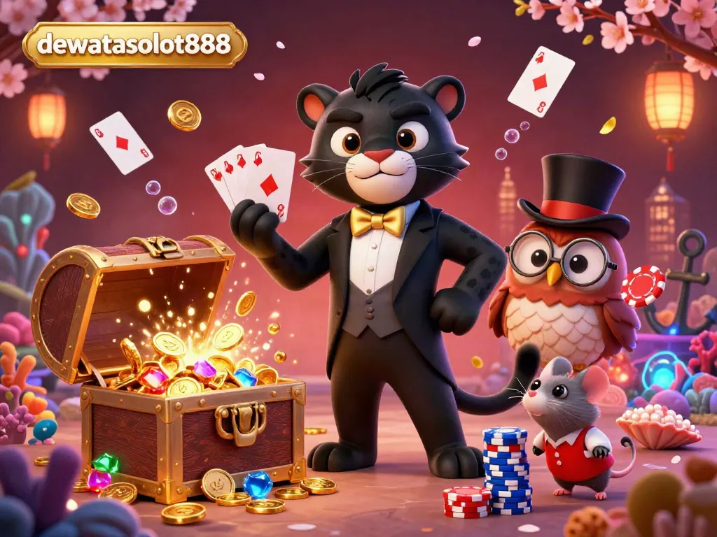 Gambaran 3D kartun yang menampilkan dewataslot888 dengan panther, burung hantu, dan tikus beruntung berada di kasino.
