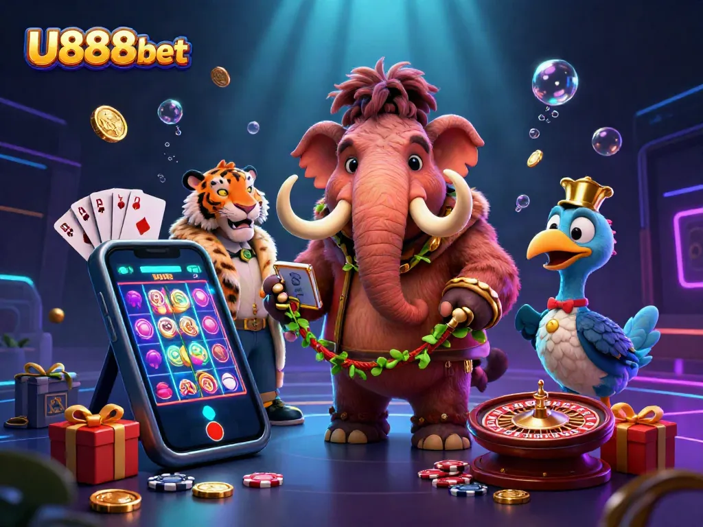 Experience the thrill of U888bet with a cartoon woolly mammoth bouncer checking IDs at an online casino.