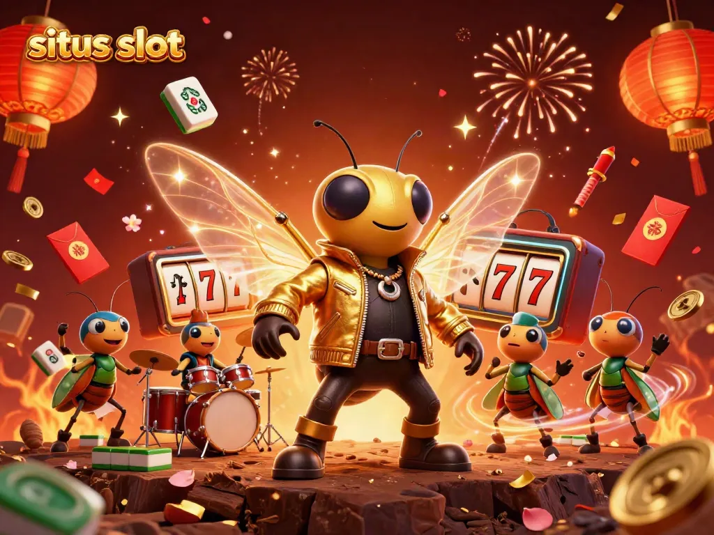 Engage with situs slot casino excitement featuring animated rock star characters and vibrant gaming symbols.