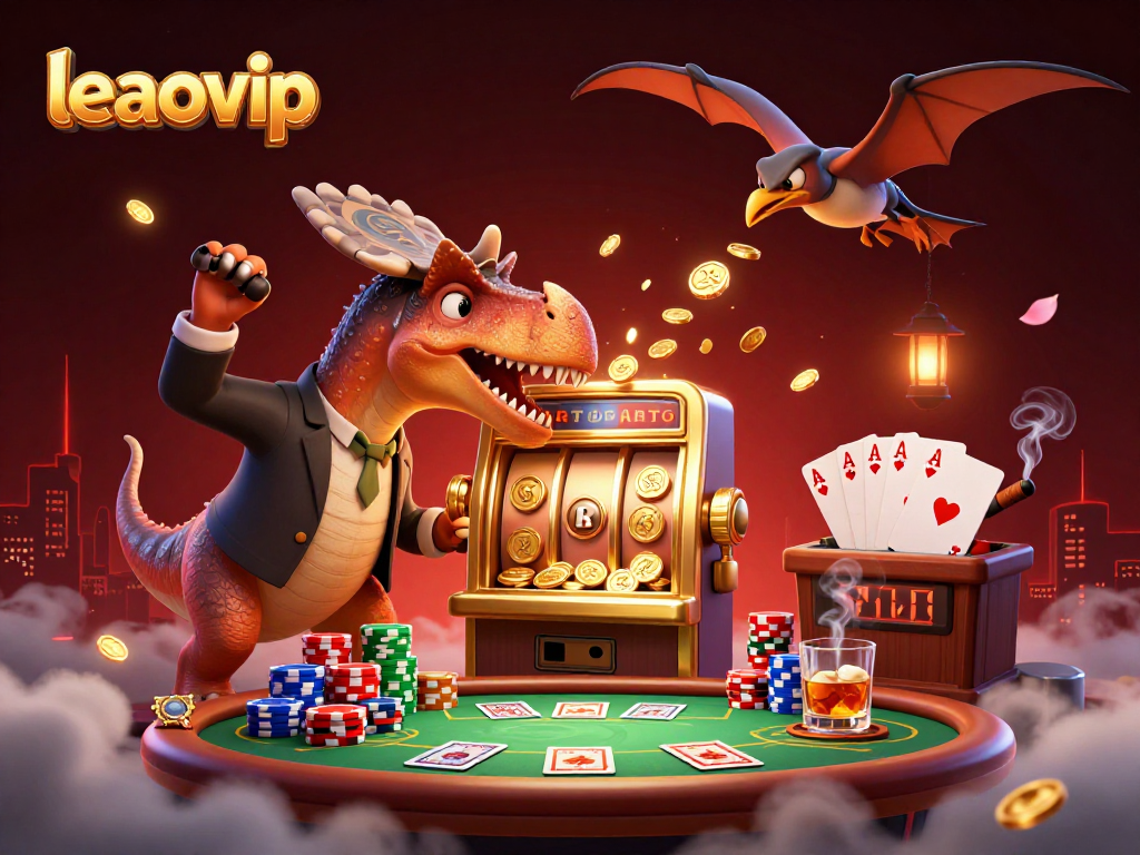 leaovip menghadirkan ilustrasi kasino digital dengan dino kartun yang memukul mesin slot, menang jackpot.
