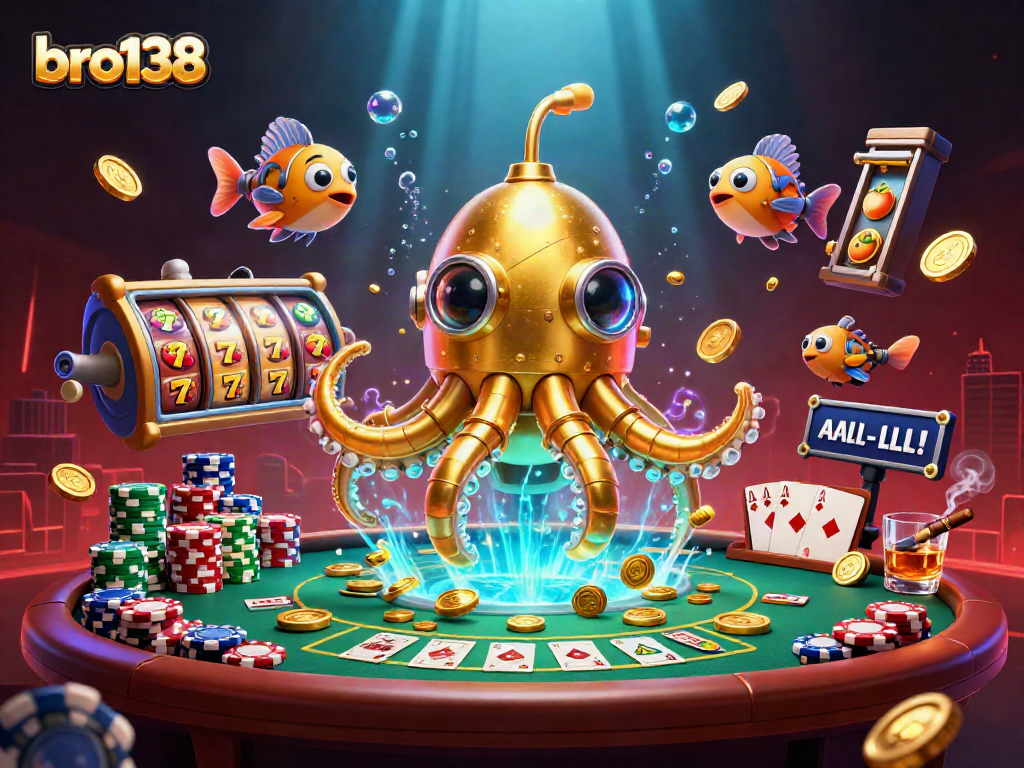 Spin to win with bro138's vibrant gaming scene featuring golden kraken and slot reels!