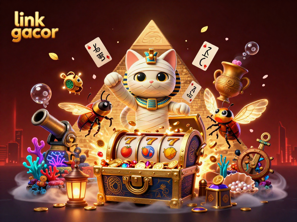 Experience thrilling adventures with link gacor as the 3D Egyptian mummy cat and glowing scarab beetle embark on a gaming journey.