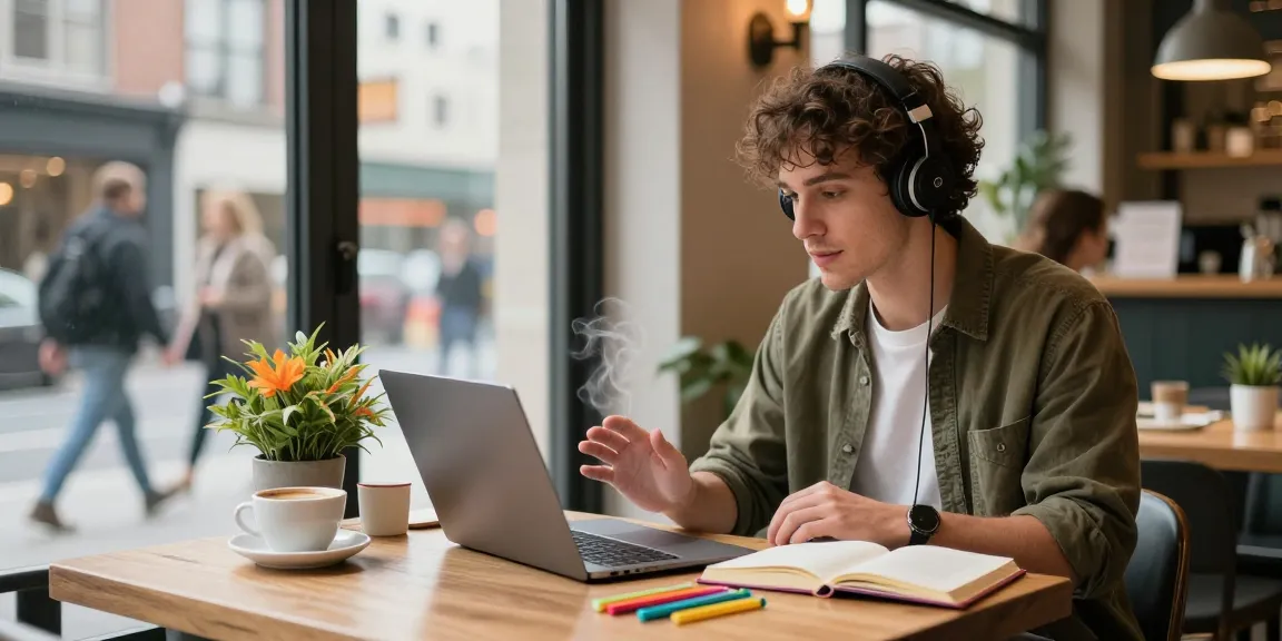 Influencer at a trendy café using kirstenpricexxx.com for creative content, with laptop, coffee, and vibrant decor.