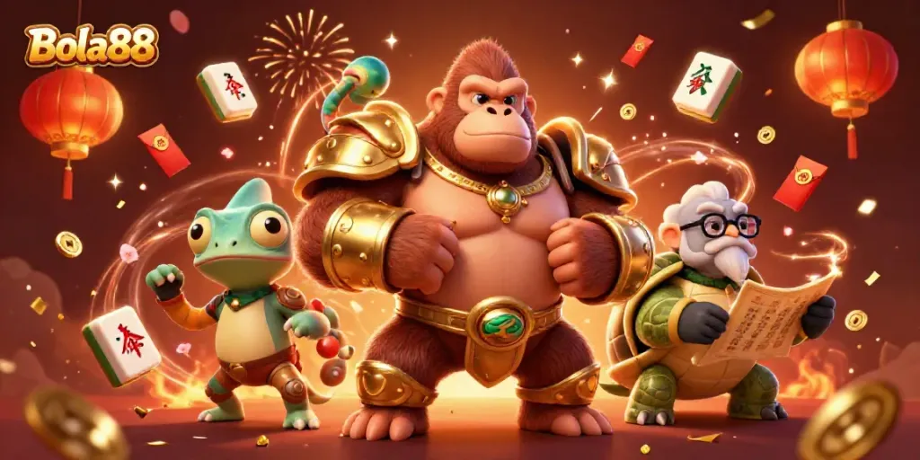 Bola88 delivers a vibrant 3D illustration showcasing a gorilla in golden armor, a chameleon, and a tortoise, celebrating with gambling elements.