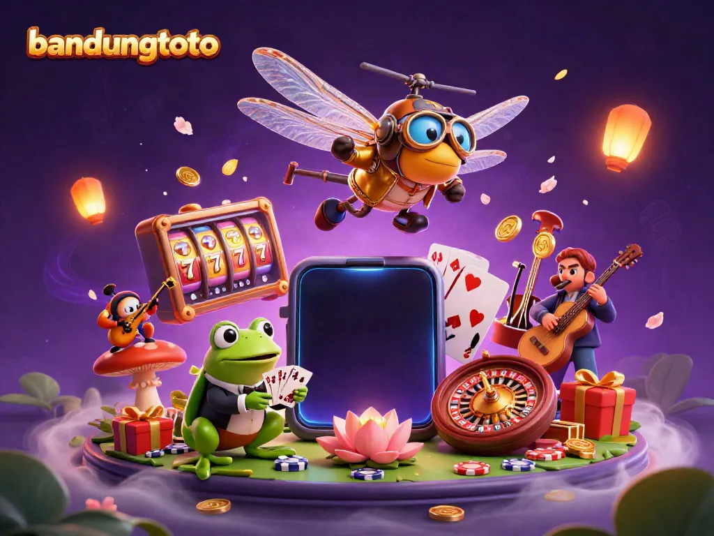 Experience the magic of bandungtoto with a dragonfly pilot and a frog dealer in a vibrant casino scene.