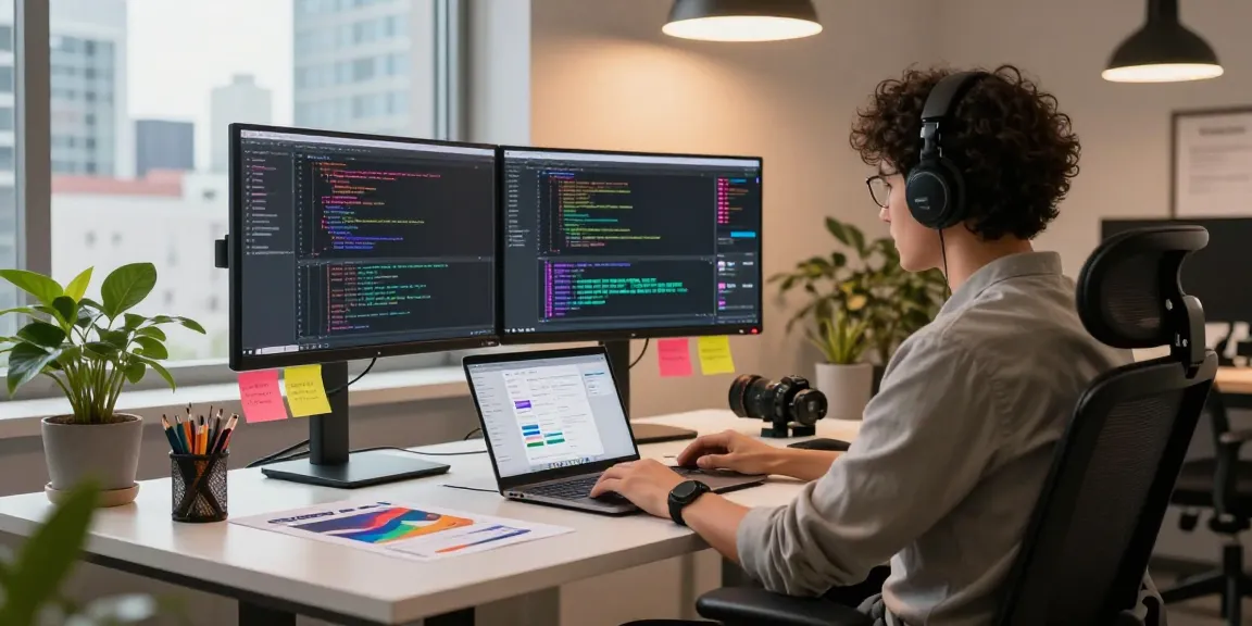 A vibrant tech workspace showcasing a developer coding on dual monitors, representing https://www.bdtjl.app/ in an innovative environment.
