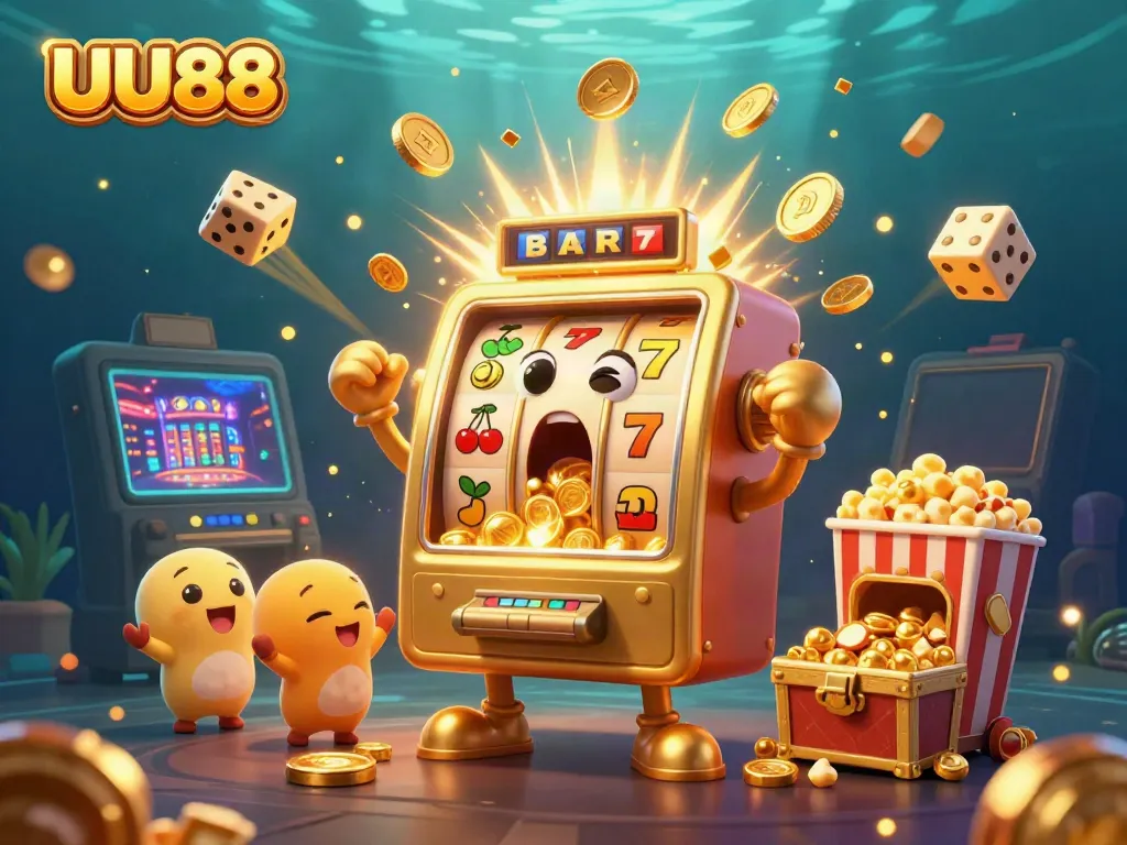 Spin jackpots with UU88's cheerful slot machines pouring coins and vibrant casino elements.