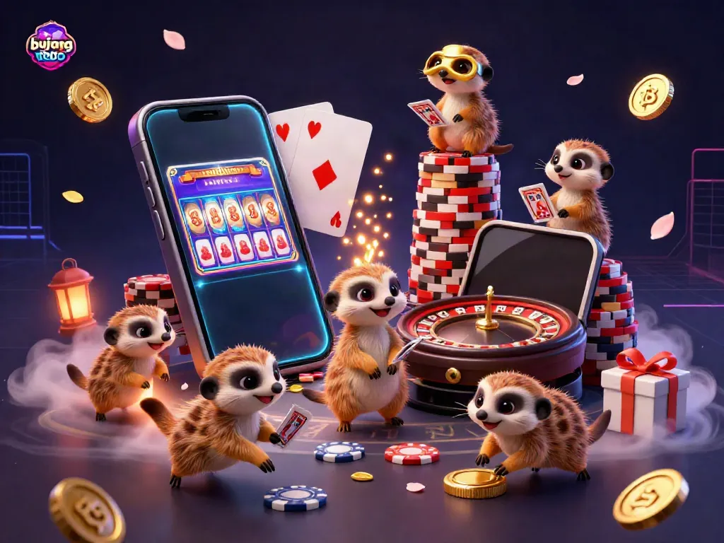 Engaging meerkats manage lively casino elements, showcasing the fun of bujang toto.