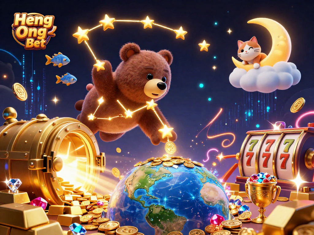 Engage with Heng Ong Bet's vibrant casino world in a striking 3D illustration filled with treasures.