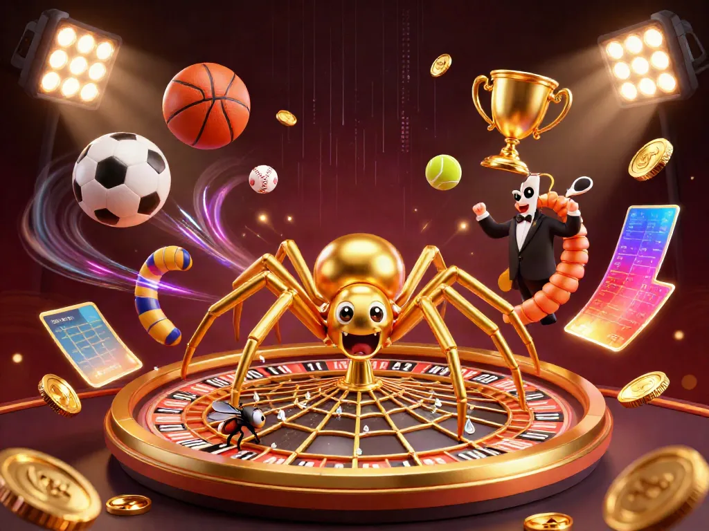 Engage with LLWIN's thrilling casino experience featuring a golden spider and vibrant game elements