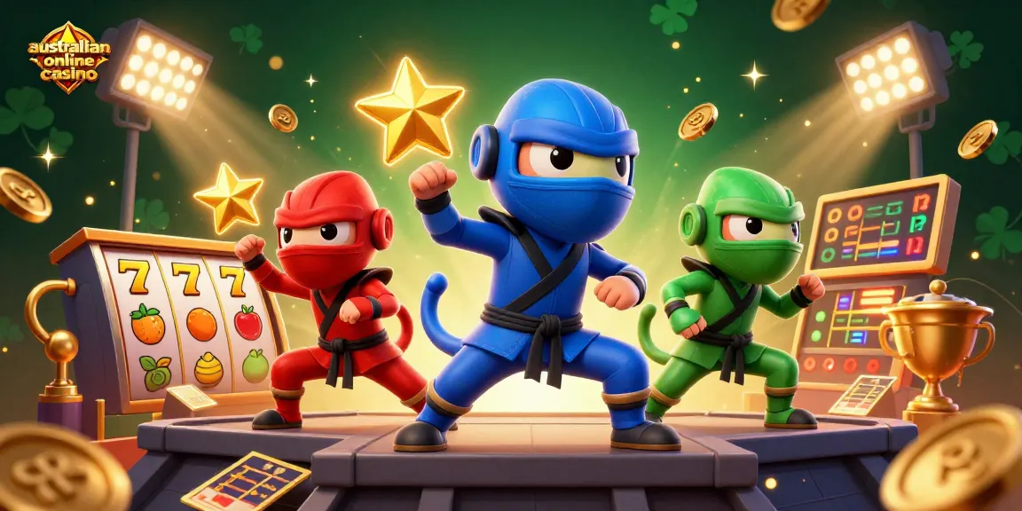 Australian online casino scenes with ninja chameleons amid slot reels and gold coins for dynamic visuals