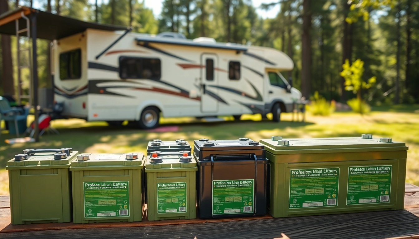 Showcase of lithium RV batteries positioned in an outdoor setting, highlighting energy solutions for RV enthusiasts.