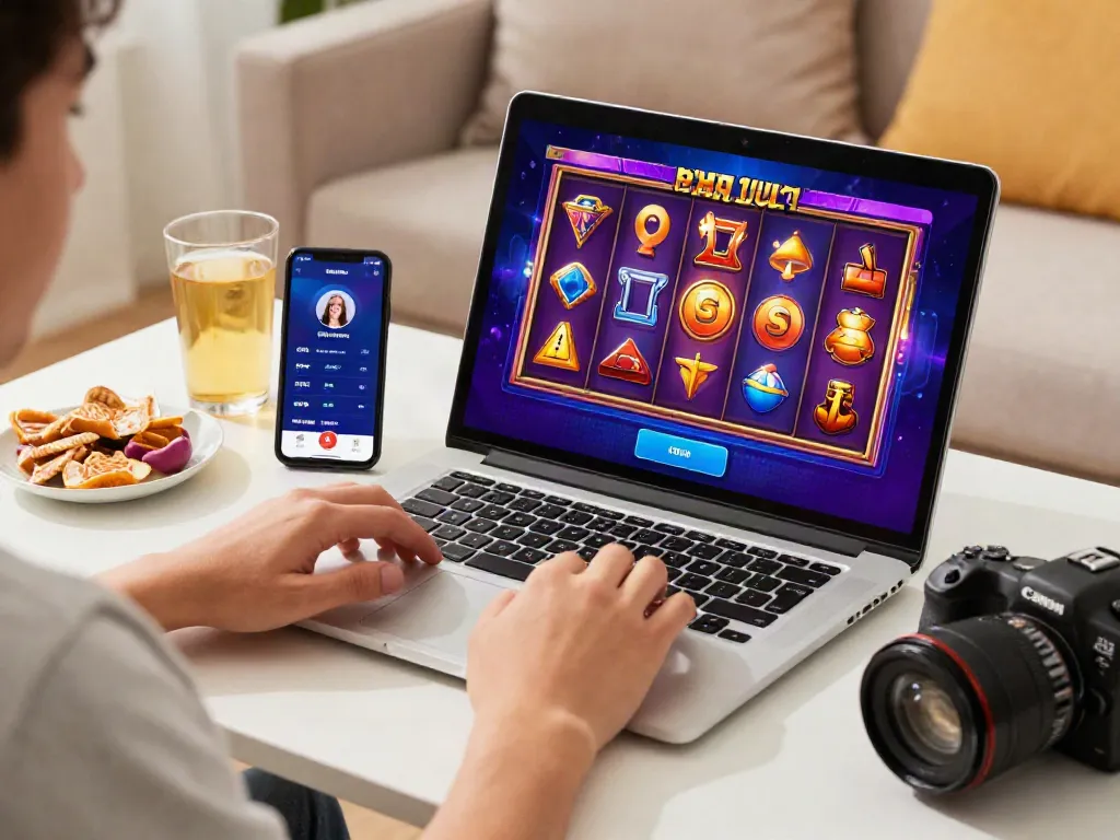 Player enjoying an online slot game on a laptop surrounded by snacks in a cozy setting.