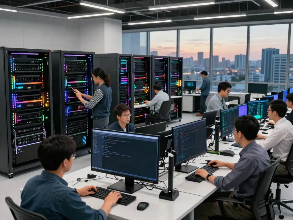 Team of engineers working on GPU computing in modern AI infrastructure.