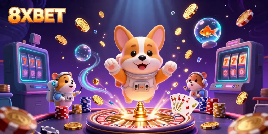 Experience the casino excitement with 8XBET as a corgi astronaut navigates a vibrant space casino, surrounded by dazzling gaming elements.