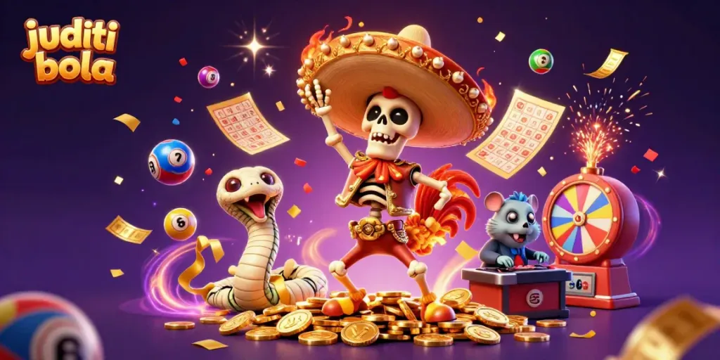 Gambarkan judi bola dengan karakter mariachi skeleton menari di atas tumpukan koin emas, dikelilingi bola lotere berwarna.