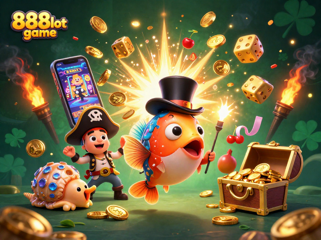Win big with the vibrant 888slot game featuring dynamic casino elements and playful underwater characters.