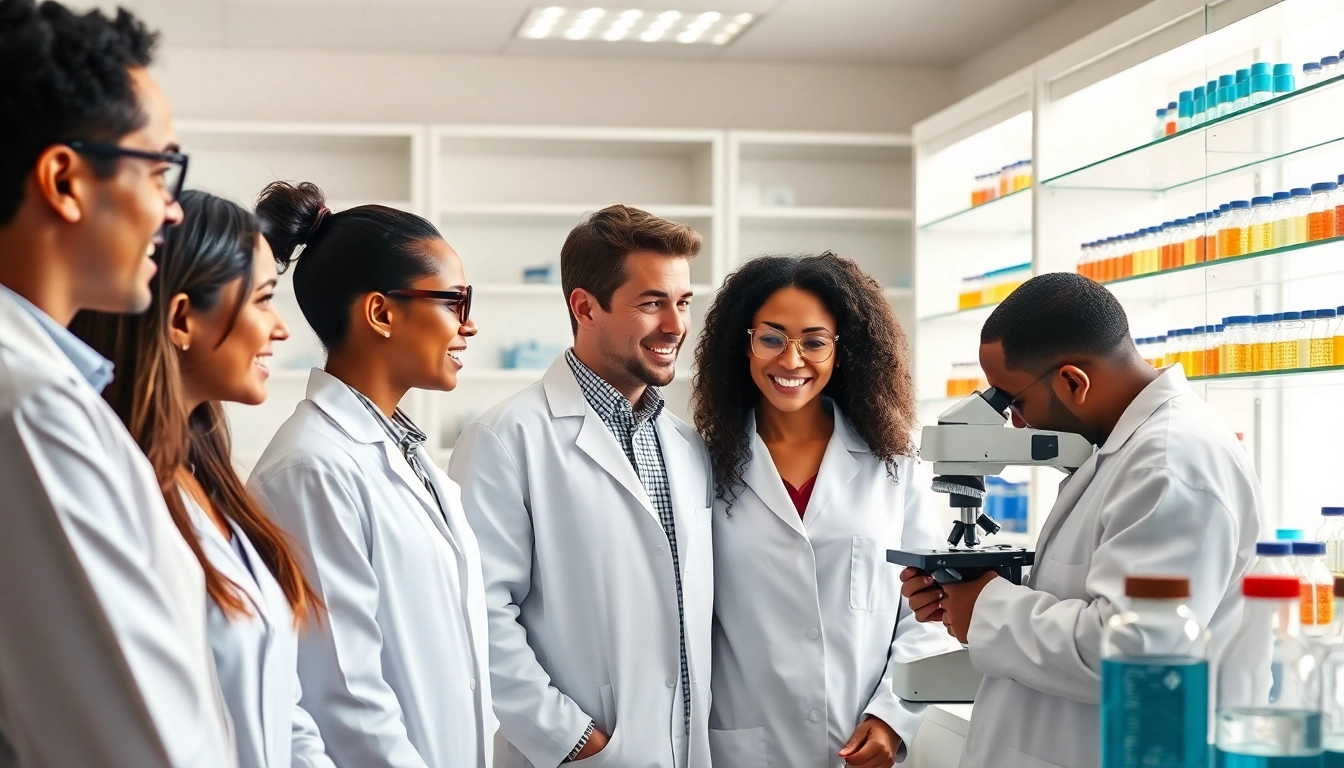 Scientists collaborating on ion peptide analysis in a modern lab environment.