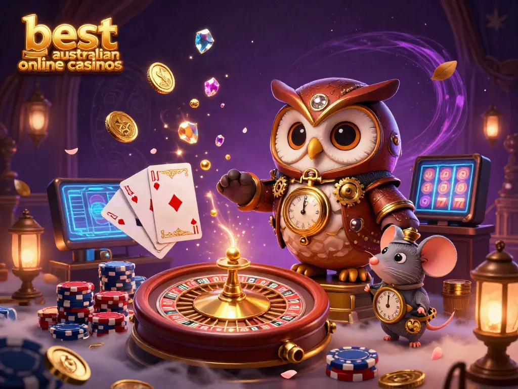 The best australian online casinos scene featuring a time-traveling owl and a clockwork mouse amidst casino elements.