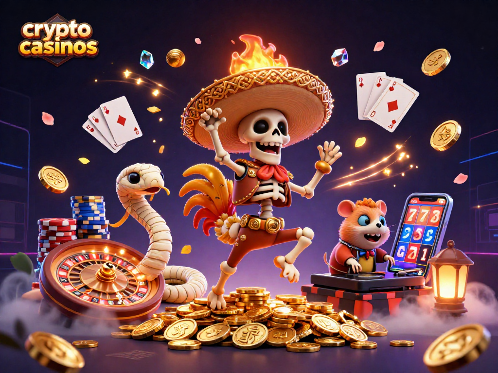 Jouez aux crypto casinos avec un squelette mariachi, une serpent momie et un hamster DJ dans une scène dynamique.