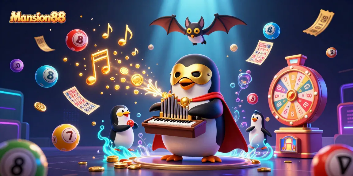 Mansion88 features a phantom penguin playing an organ amidst a vibrant casino scene full of excitement and winning elements.