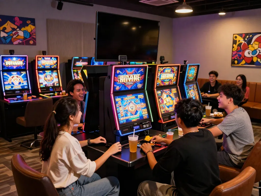 Friends enjoying a lively slot88 gaming experience in a vibrant lounge.