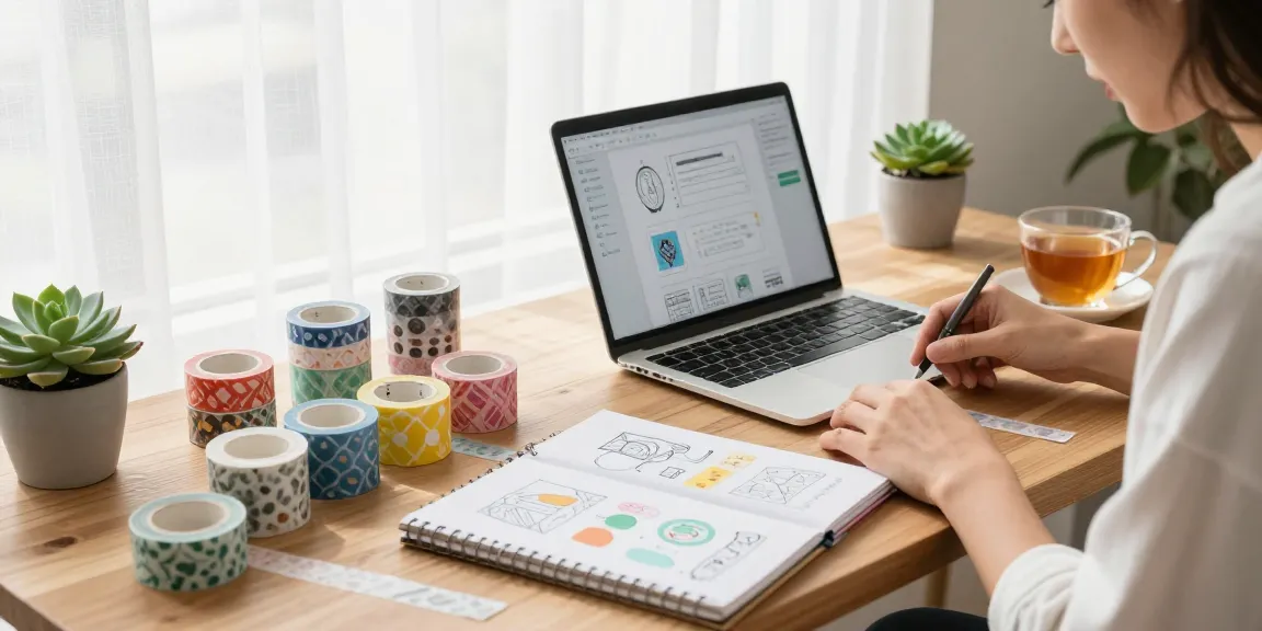 Custom washi tape designs showcased in a bright creative workspace with vibrant colors and patterns.