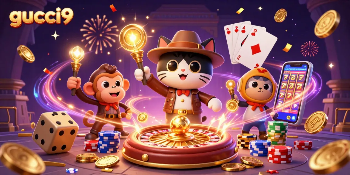 Experience the thrill of gucci9 as a cartoon cat discovers golden casino artifacts amidst dynamic gaming elements.