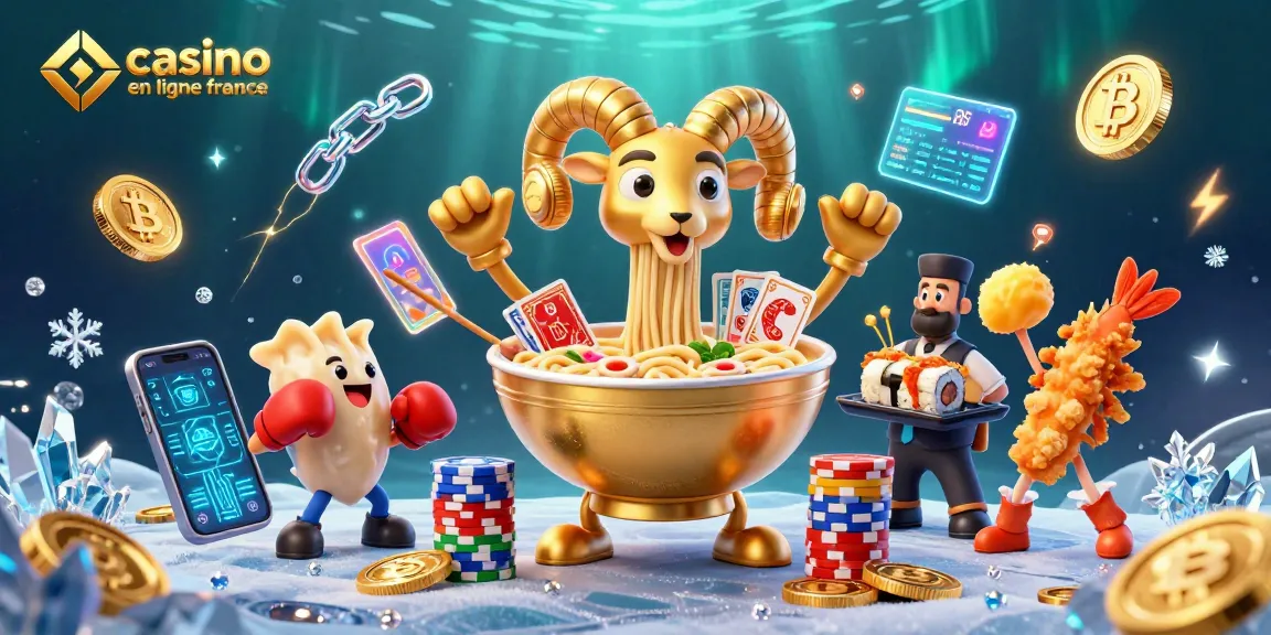 Casino en ligne France : illustration dynamique avec un bol de ramen 3D et ses personnages de jeux.