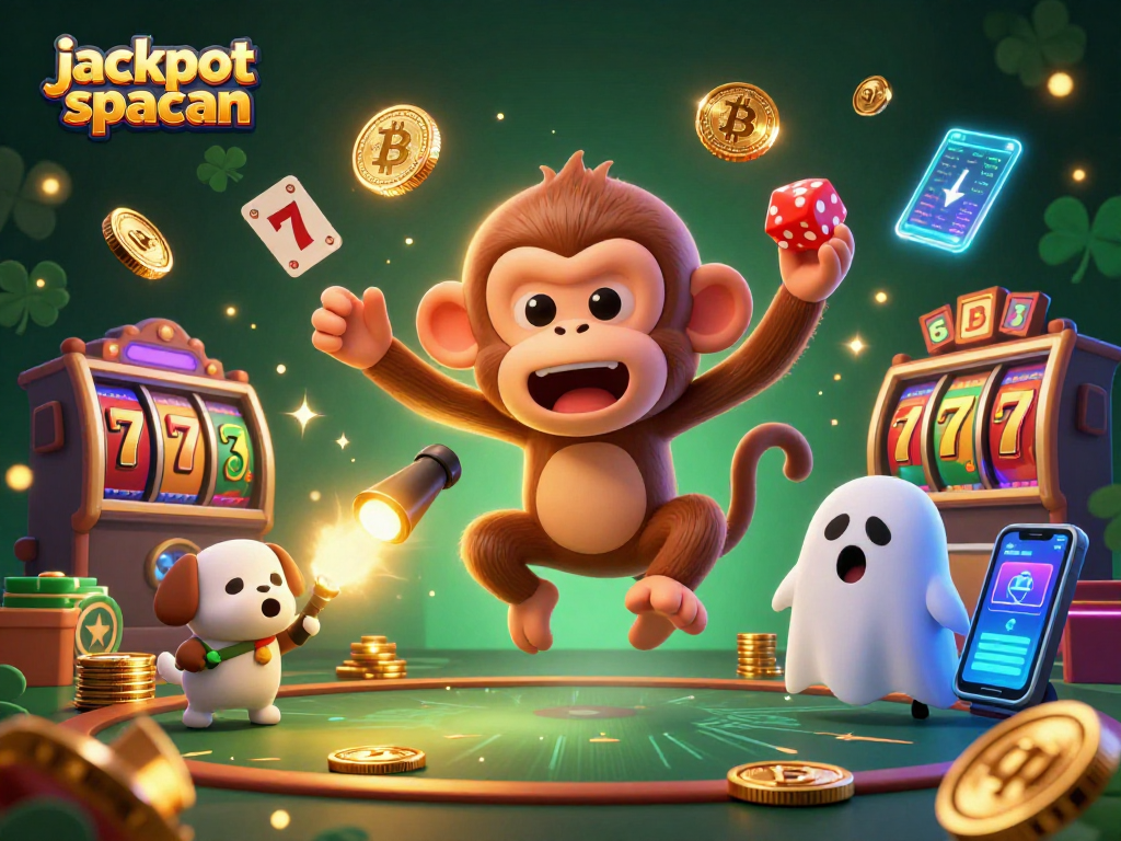 Engage with the jackpot spaceman as a mischievous monkey juggles casino symbols and cryptocurrencies in a haunted setting.