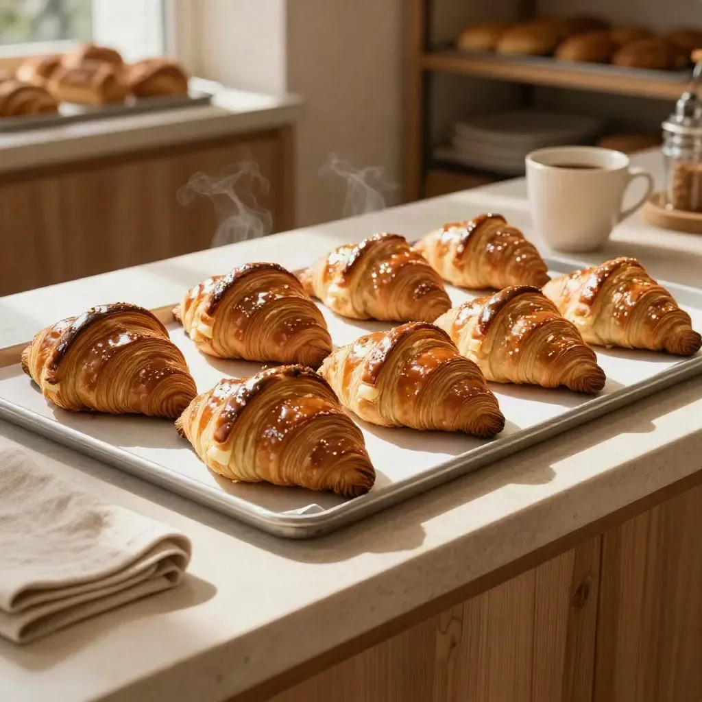 Glazed brioche and croissants on trays beside coffee and linen in warm bakery light