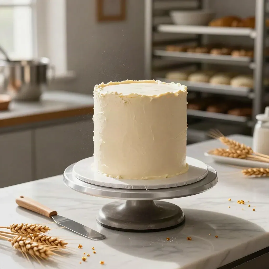 Tall custom cake on marble with spatula, acetate strips, sugar flowers and powdered sugar haze.