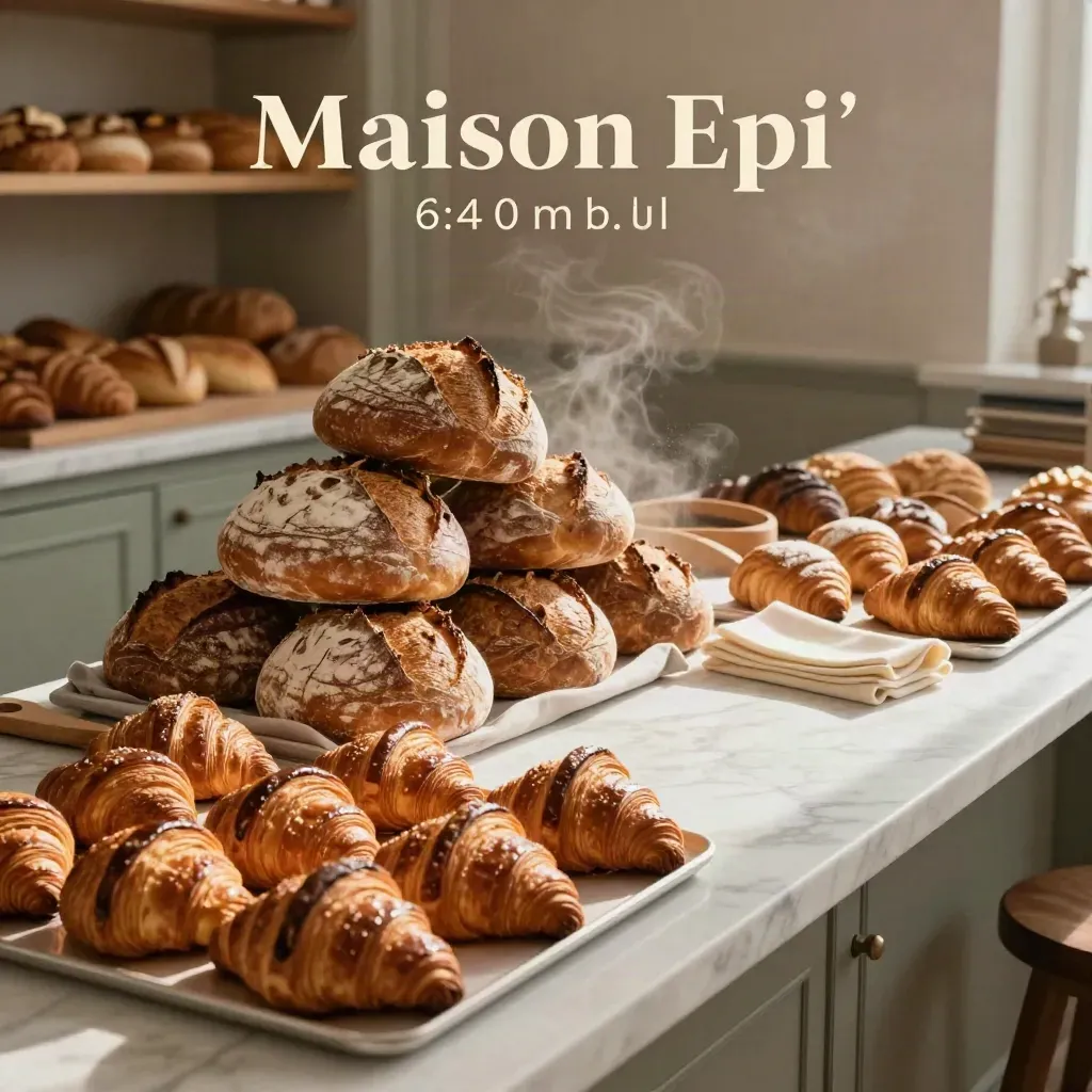 Maison Epi bakery at dawn with sourdough, croissants, pastries, steam, and soft morning light.