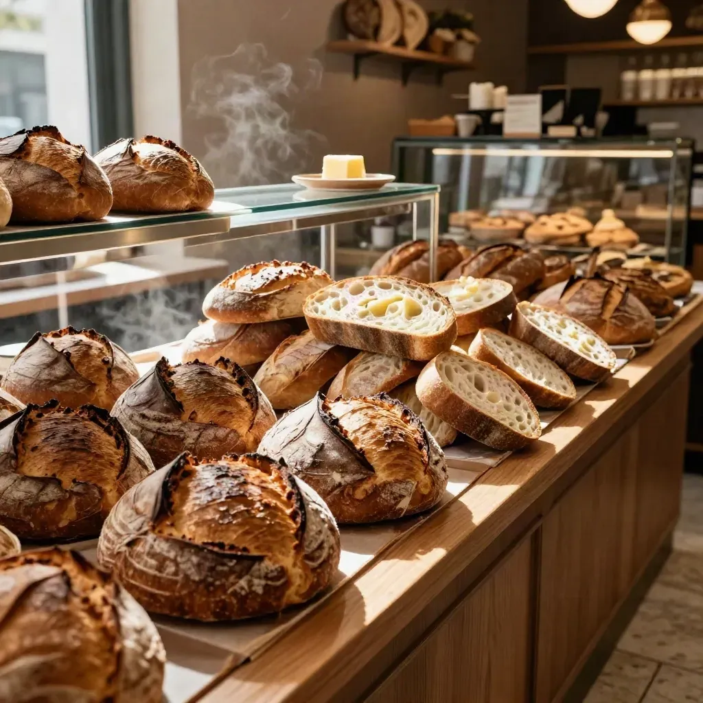 Fully stocked cafe pastry case with sourdough loaves and sliced country bread in warm afternoon light.