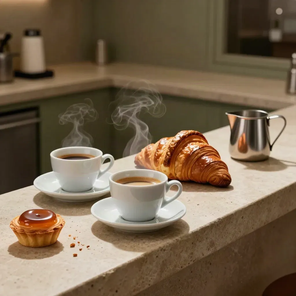 Espresso cups, croissant, tartlet and milk pitcher on a stone counter with warm steam