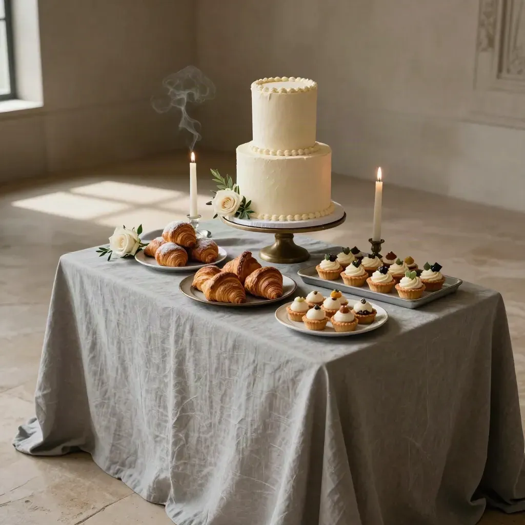 Wedding cake and pastry table with candles and floral accents on linen, softly lit from above left.