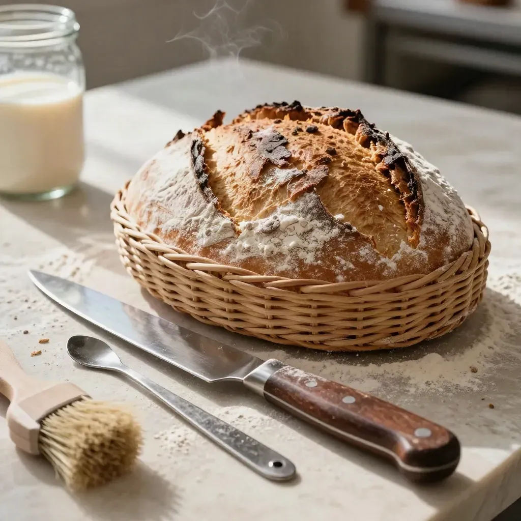 Macro still life of baking tools in a floured banneton on travertine