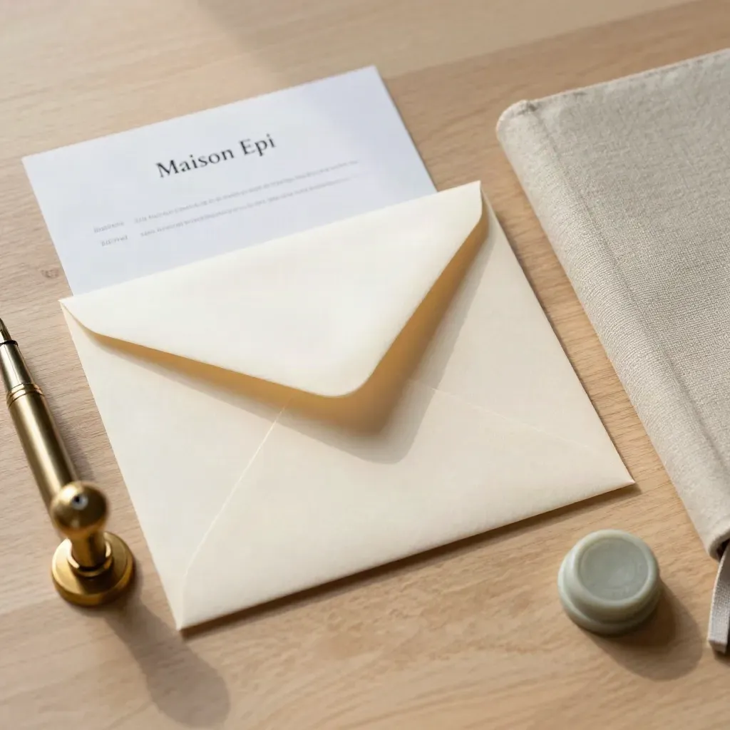Cream request envelope, brass pen, linen notebook and sage wax on pale wood.