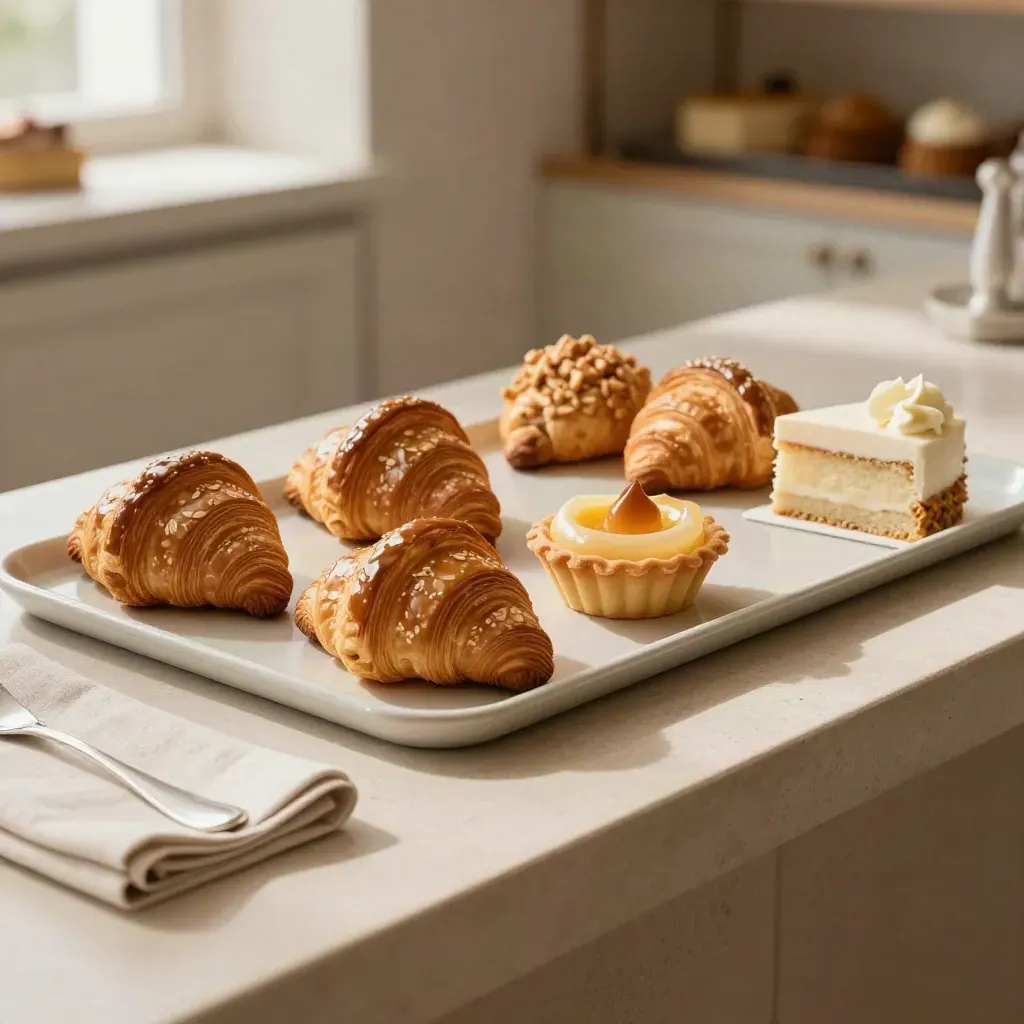 Mini pastries on a stone counter with linen napkin and tiny fork in soft bakery light