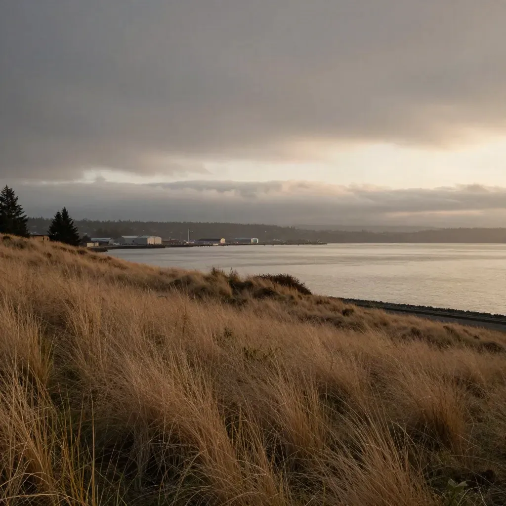 Muted dusk view of North Seattle bluff, waterfront, and cloud band over the Sound.