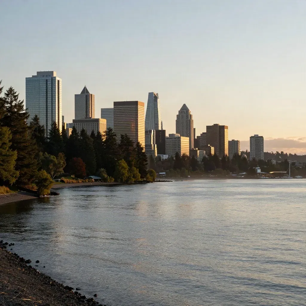 Golden-hour Eastside skyline across Lake Washington with calm water and evergreen shoreline.
