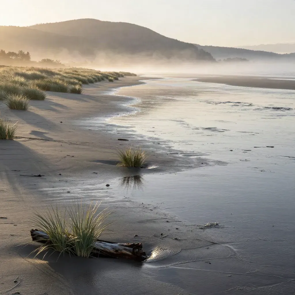 Sunrise over South Sound tidal flats with mist, grasses, and a distant softened mountain slope.