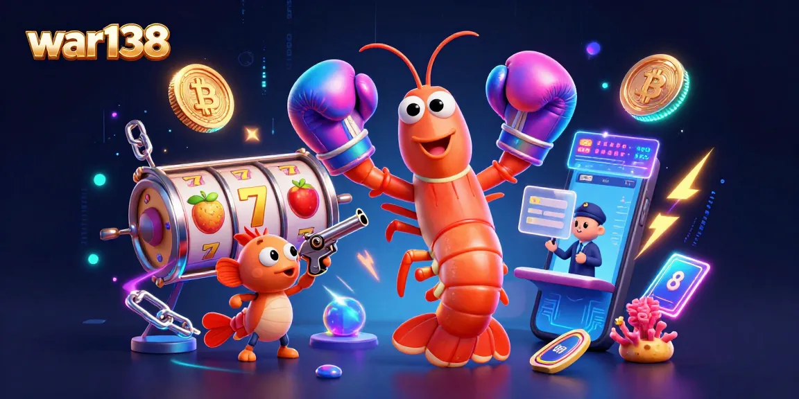 Spin to win with war138: 3D mantis shrimp boxing icons in a vibrant casino world.