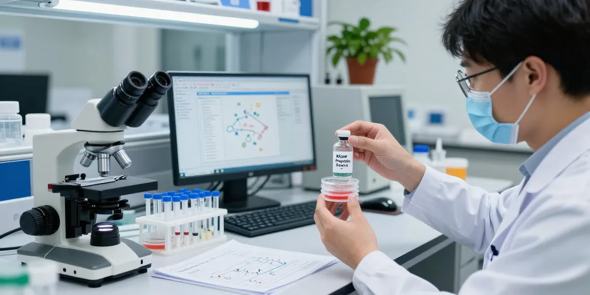 KLOW stack research in laboratory with a scientist analyzing peptide blend.