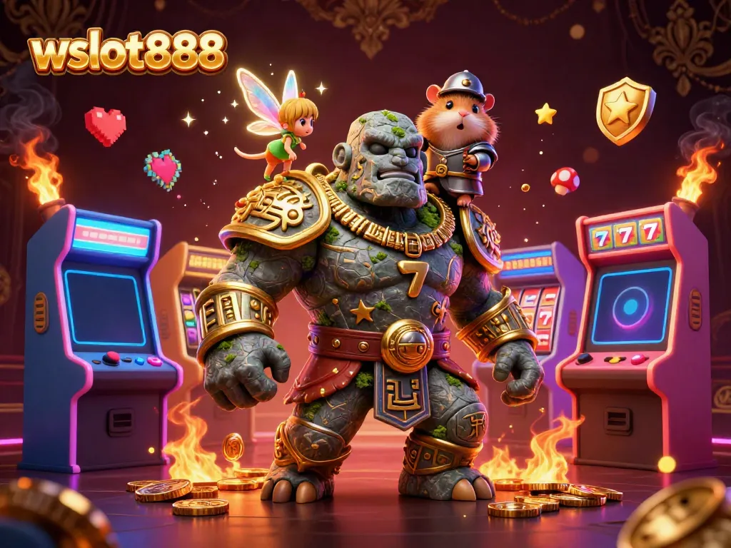 Menangkan jackpot dengan wslot888, ilustrasi golem, peri, dan ksatria hamster di dunia permainan.