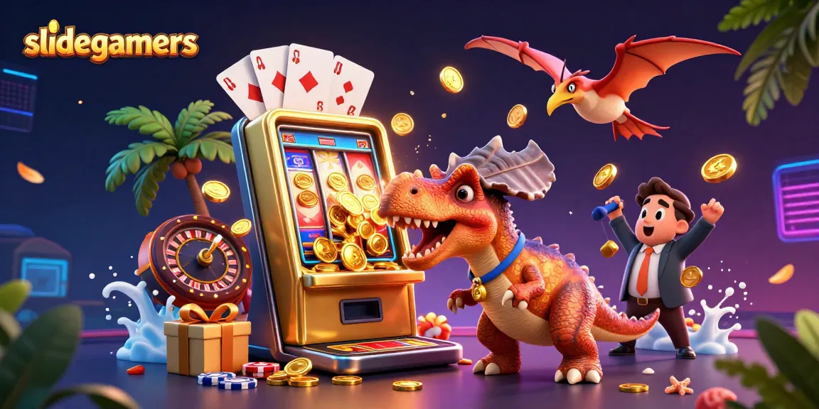 slidegamers showcase exciting gameplay with a pachycephalosaurus winning at a slot machine, capturing flying coins