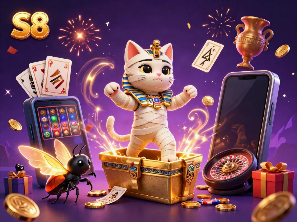 Experience thrilling S8 casino action with a mummy cat and glowing scarab in a vibrant pyramid setting.