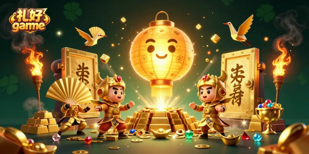 Engage with the vibrant slot game scene featuring a lantern spirit and golden treasures.