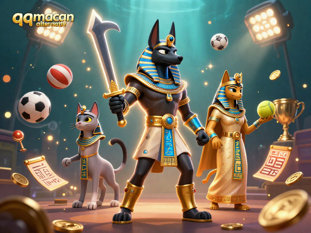 Bet and win with qqmacan alternatif in a vibrant ancient Egyptian casino scene